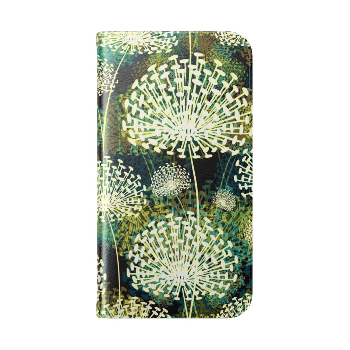 Closeup of a phone case cover featuring a vintage-style dandelion floral pattern in shades of blue, green, and white. - Folded Back