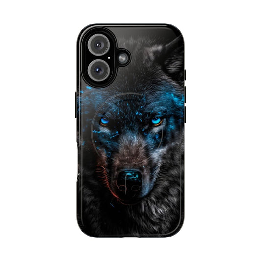 Magnetic tough phone case featuring a striking black wolf design