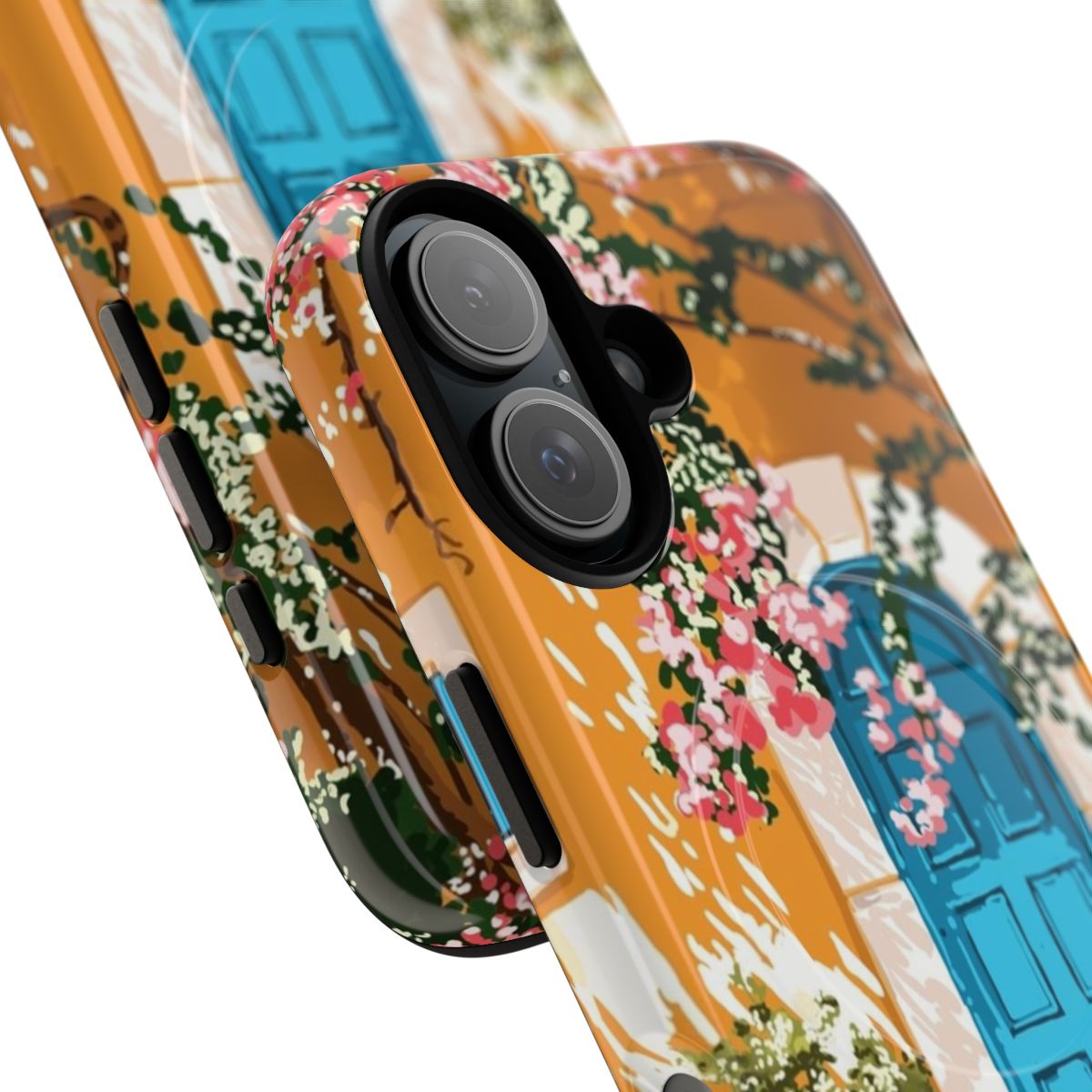 Boho summer travel phone case featuring spanish villa architecture and bougainvillea flowers - Detail