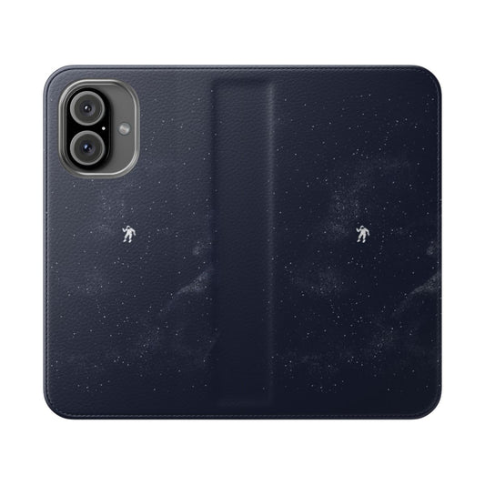 Dark blue flip cover phone case featuring a cosmic galaxy design