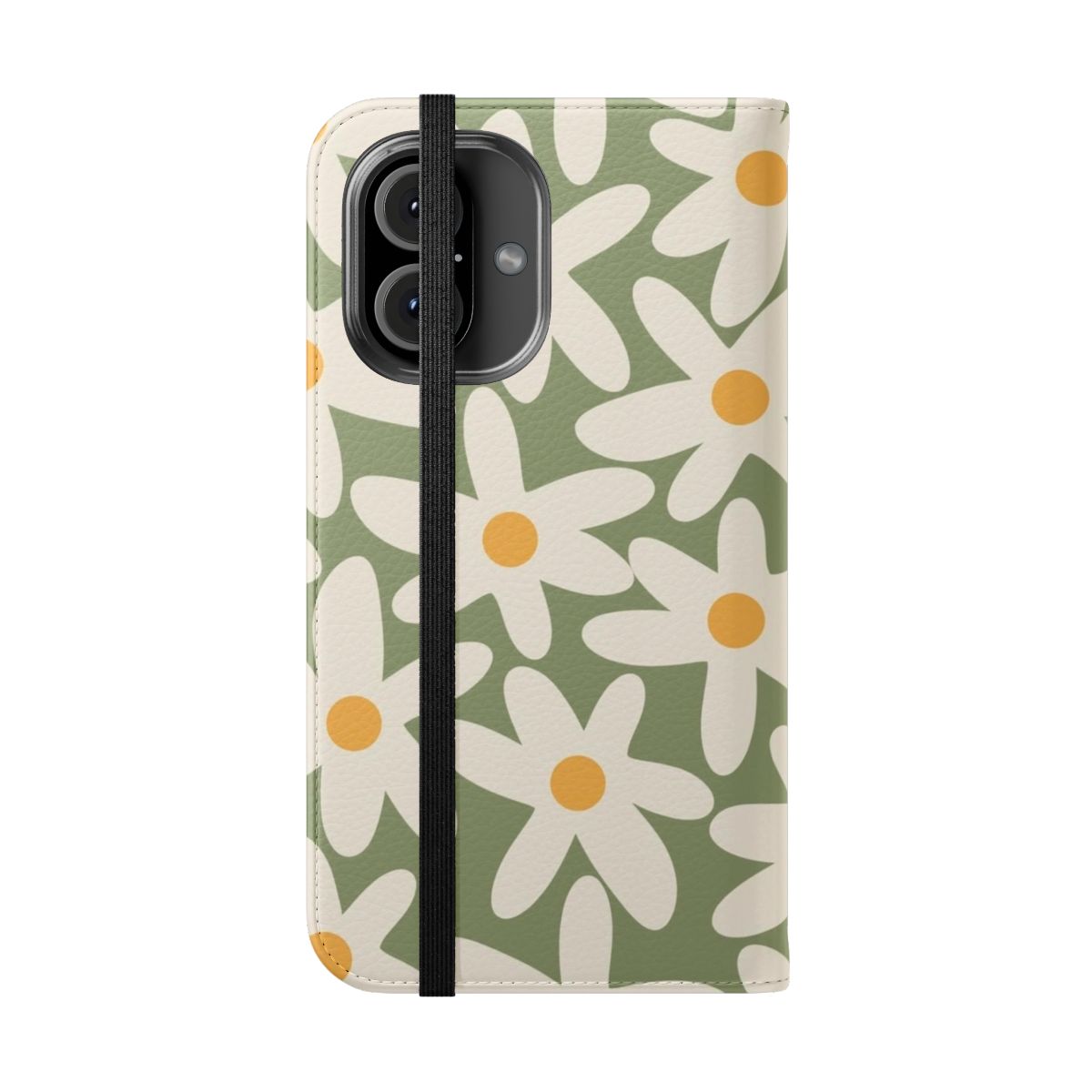 Sage green flip cover phone case with a retro daisy flower pattern - Folded Front