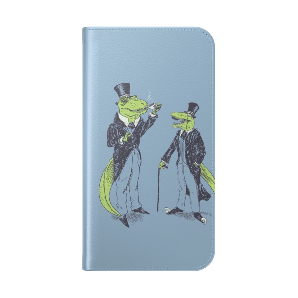 Stylish phone case featuring a T-Rex and Velociraptor in suits with monocles and canes. - Folded Back