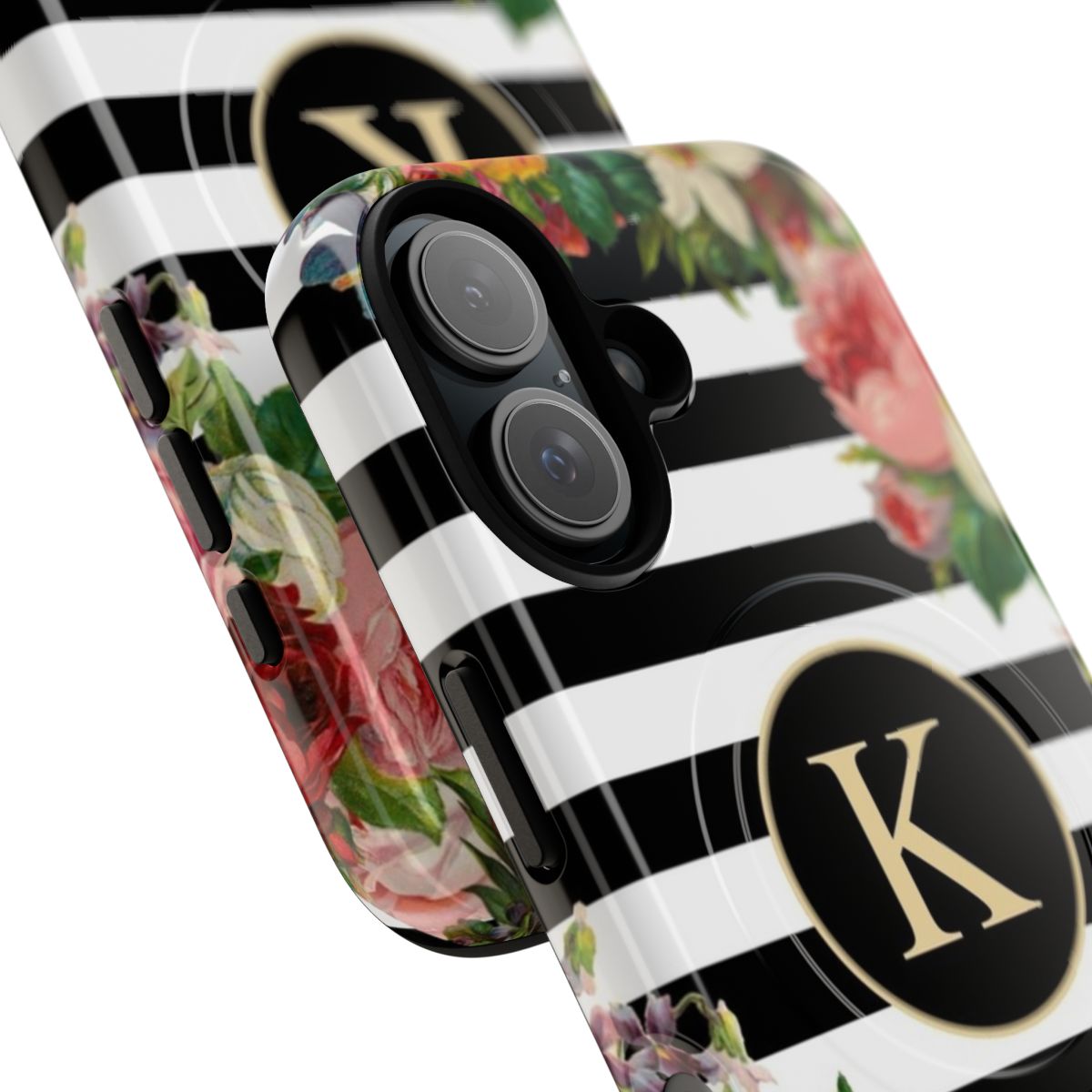 Monogram K Phone Case with Vintage Flowers and Black and White Stripes - Detail