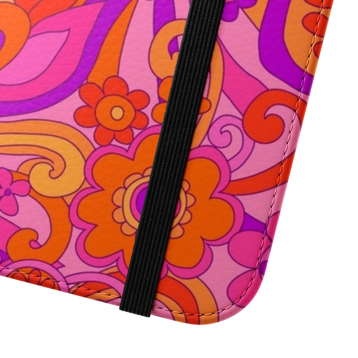 Vibrant retro floral phone case with a psychedelic, 60s inspired design - Close Up