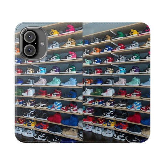 Flip cover phone case with a stylish design inspired by popular sneaker collections