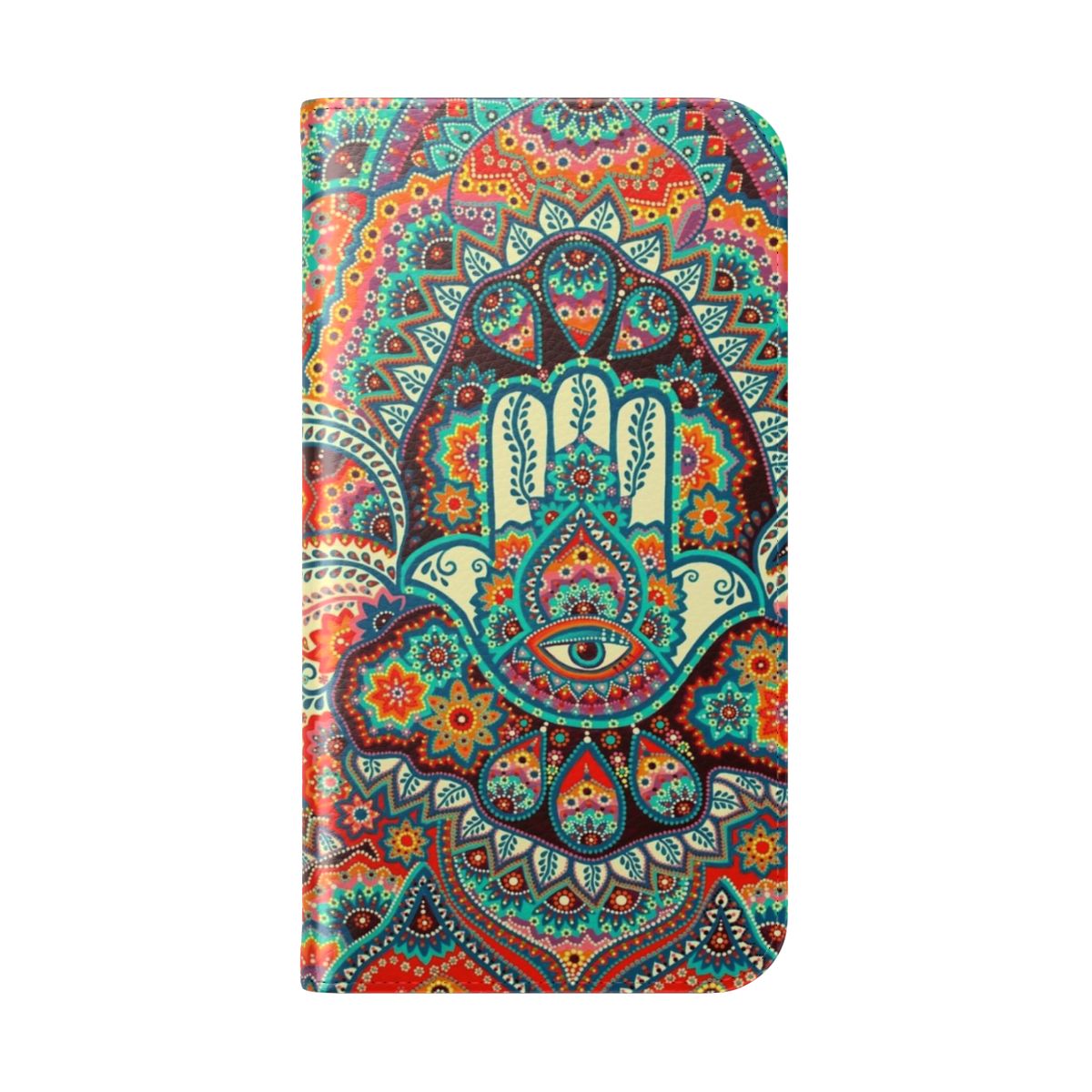 Boho-inspired Hamsa Hand design on a flip cover phone case - Folded Back