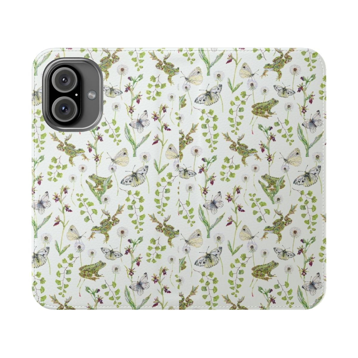 Green lightweight flip cover phone case featuring a watercolor illustration of frogs and orchids in a spring nature scene.