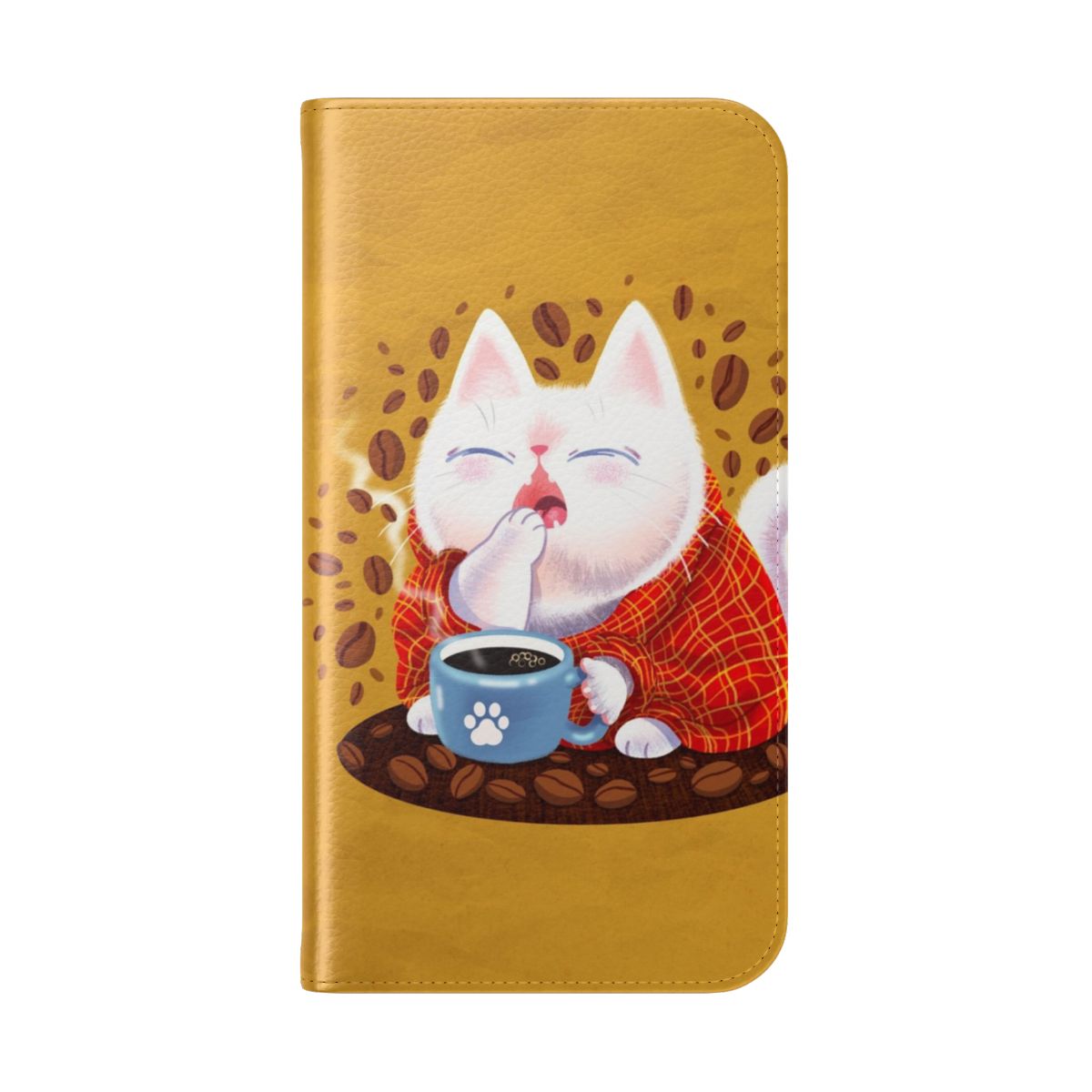 A white cat relaxing in a cafe-style setting on a flip phone case - Folded Back