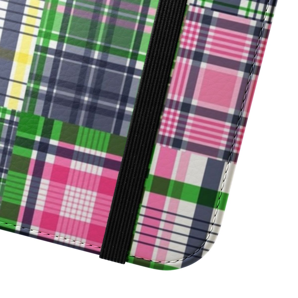 A pink, navy blue, and lime green patchwork madras print phone case. - Close Up