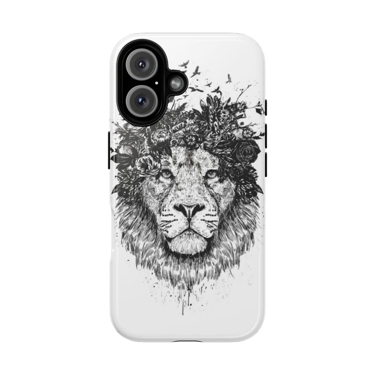 Magnetic tough phone case featuring a floral lion illustration in black and white.