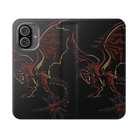 Detailed Rathalos-inspired fantasy flip cover phone case for Monster Hunter World fans