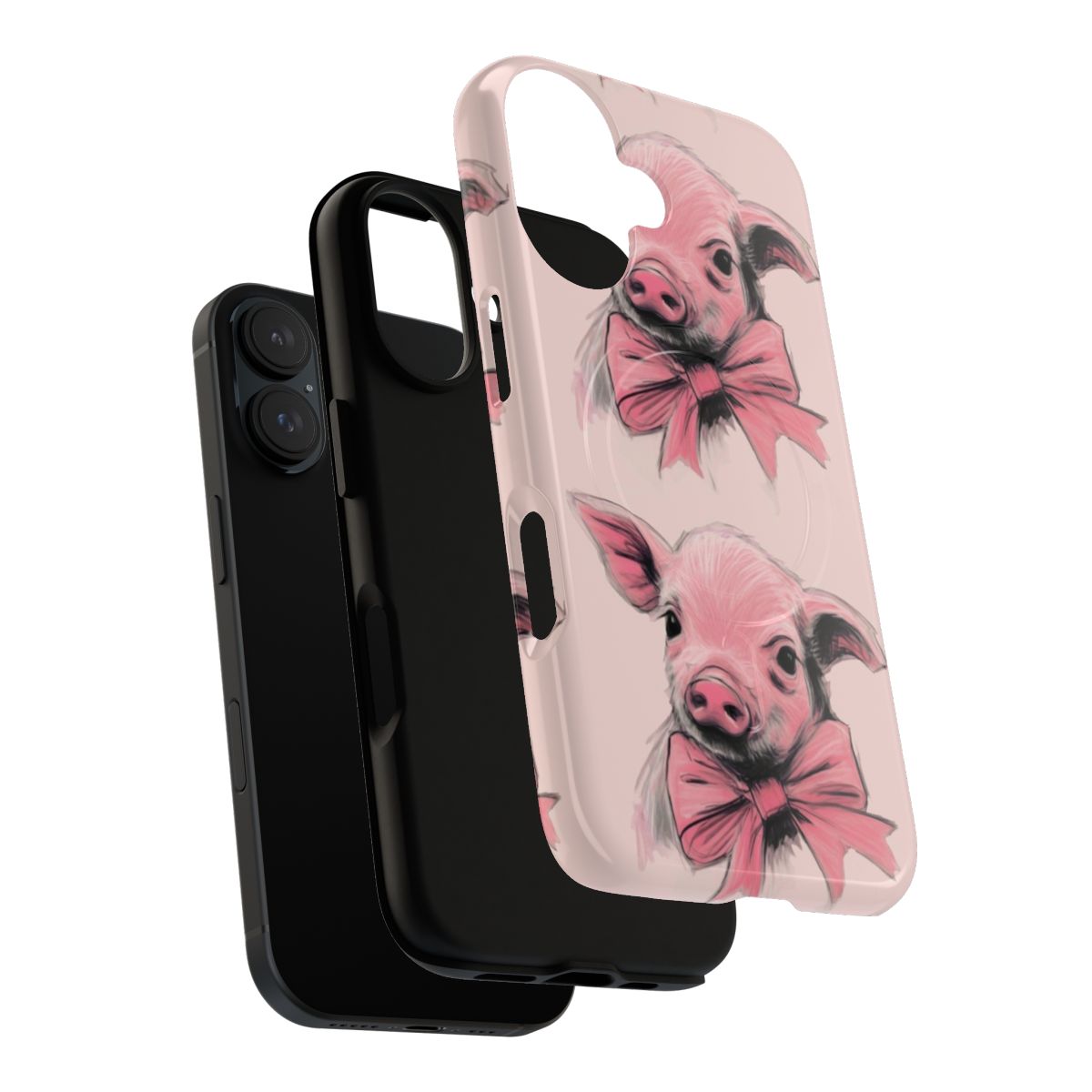 Coquette pig magnetic tough phone case with a pink bow and adorable piggy design - Layers