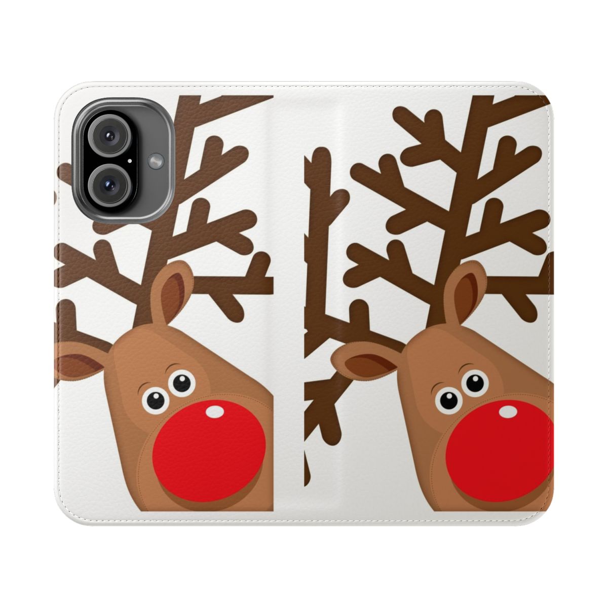 A red-nosed reindeer-themed flip phone case with a fun, cheeky design.