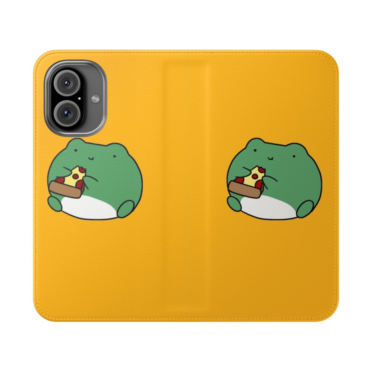 Closeup of a cute, cartoon frog eating a slice of pepperoni pizza on a flip phone case