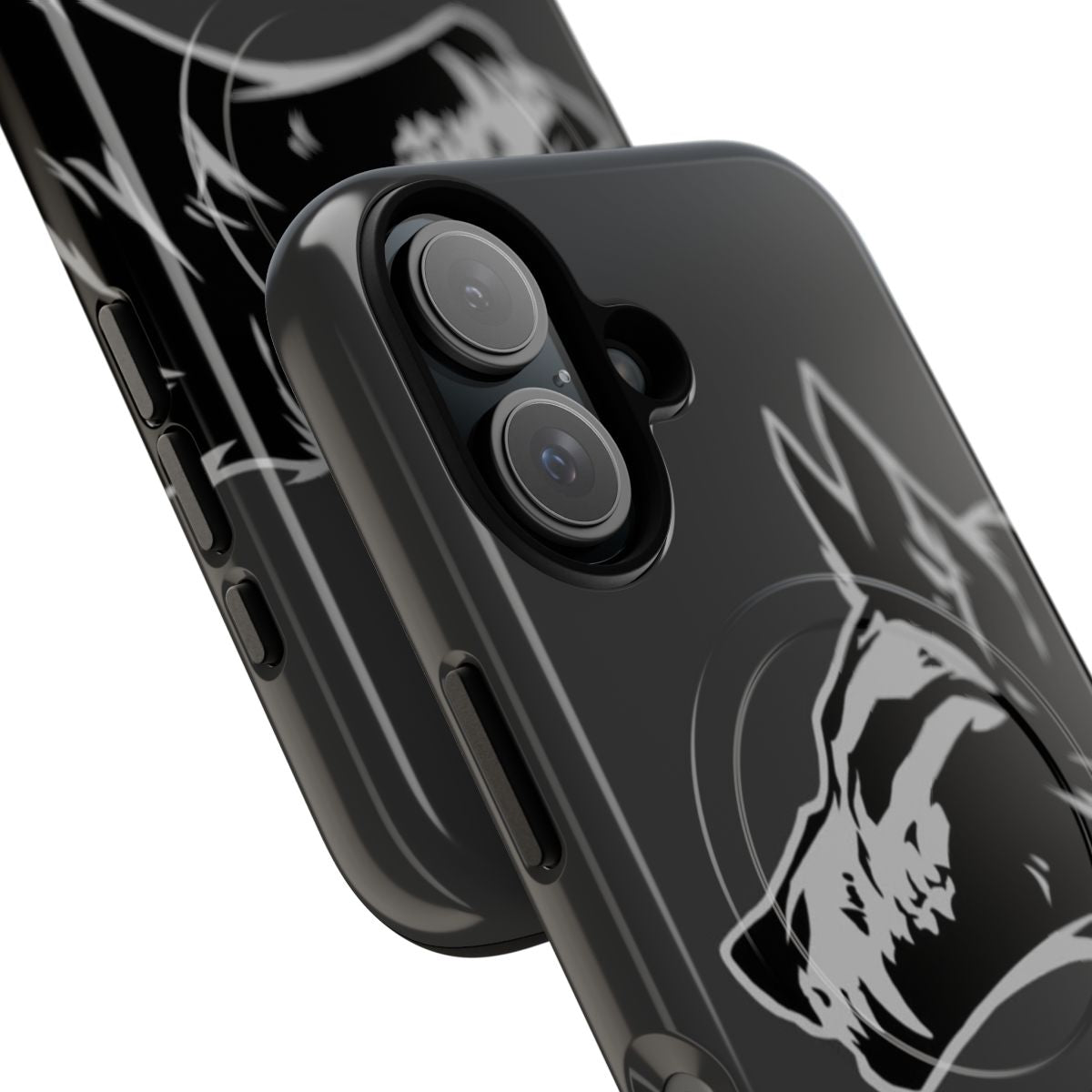 A black phone case with a detailed wolf skull design - Detail