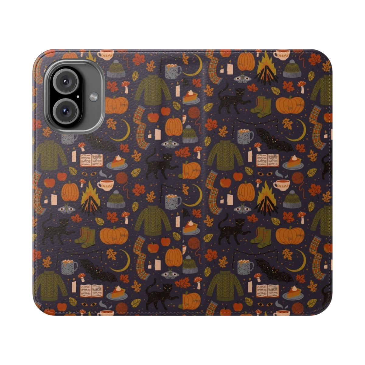 Cozy and spooky autumn nights phone case with fall foliage, pumpkins, and a black cat.