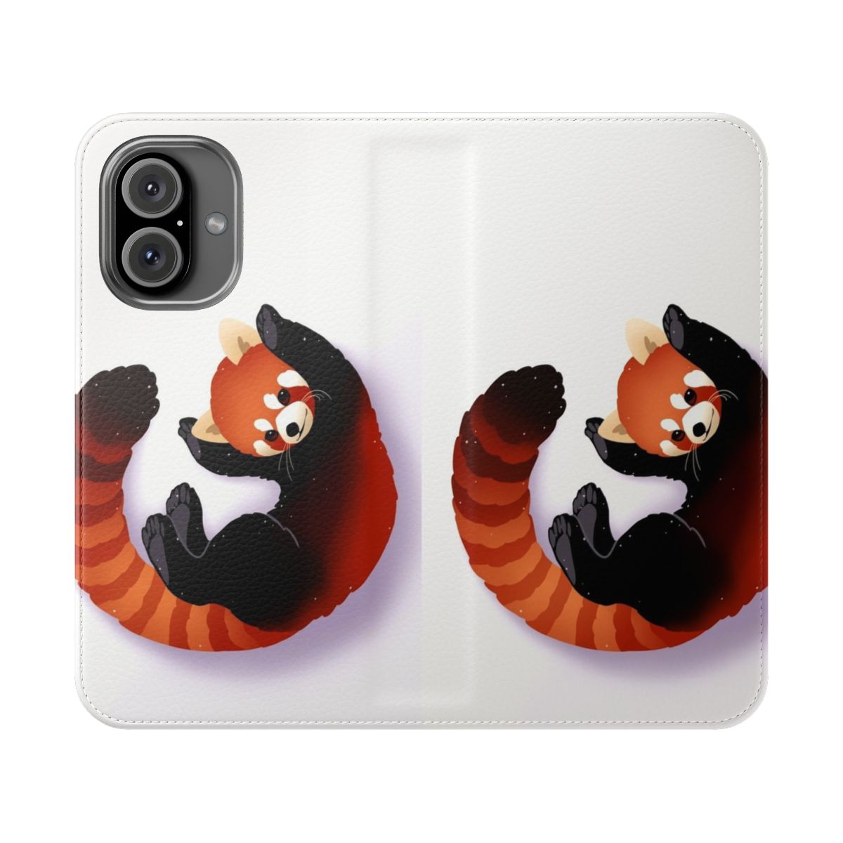 A vibrant red panda graphic printed on a protective phone case.