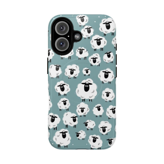 A tough, magnetic phone case featuring a blue-hued illustration of a flock of sheep.