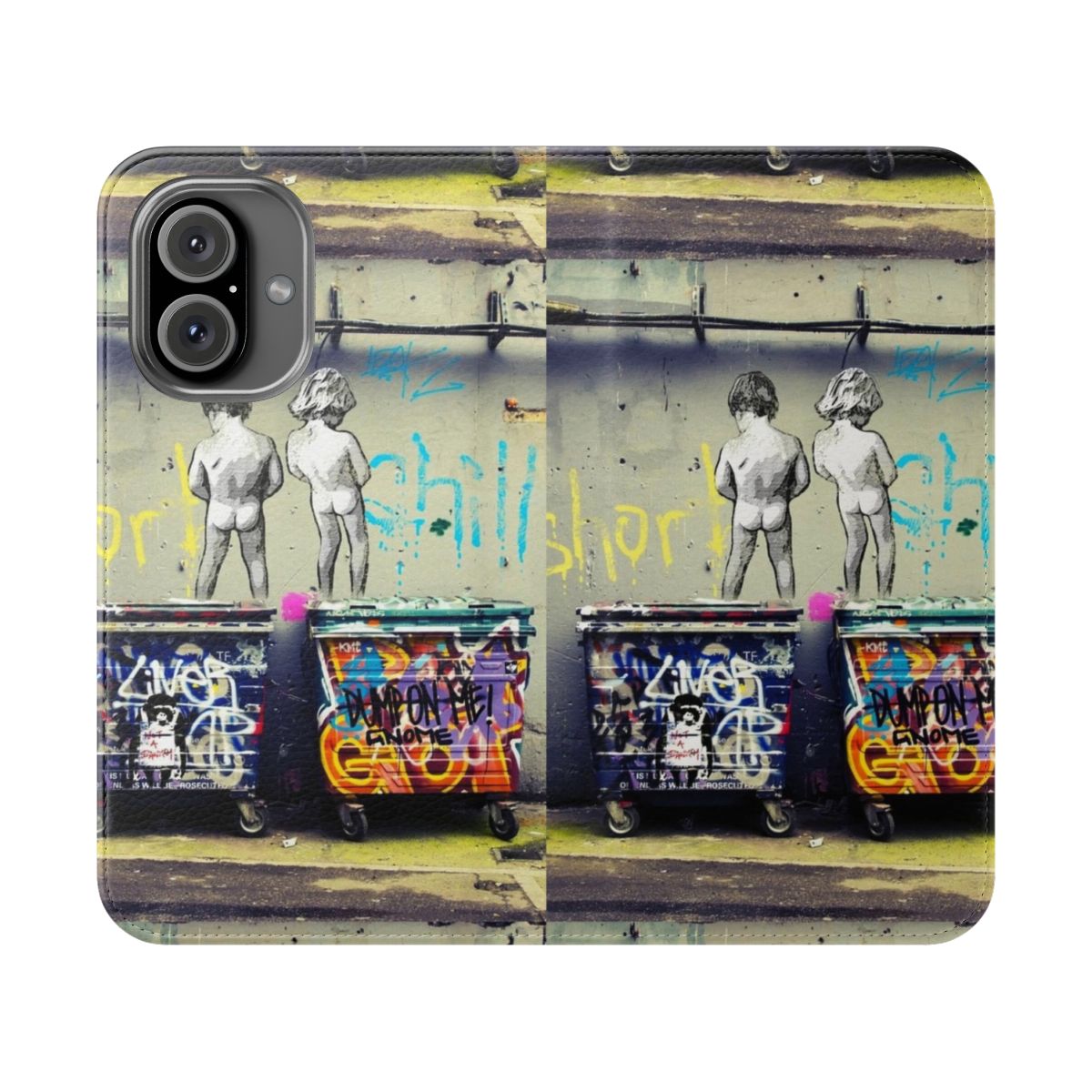 Colorful Banksy-inspired phone case with a "Chill the Duck Out" stencil art design