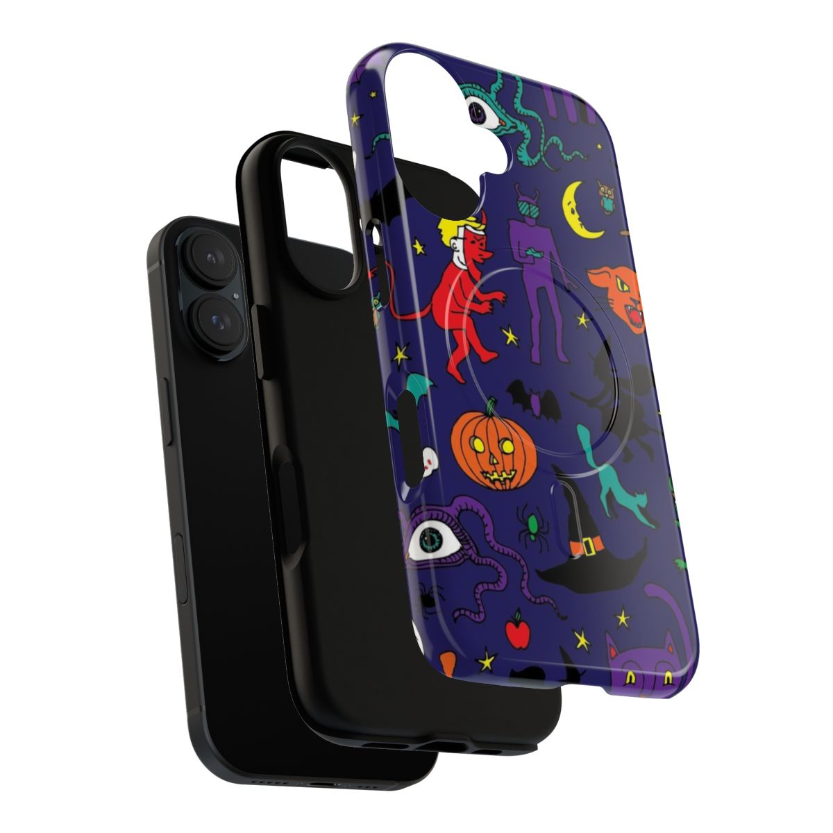 Retro Halloween pattern phone case with ghouls, monsters, witch, and other spooky elements - Layers