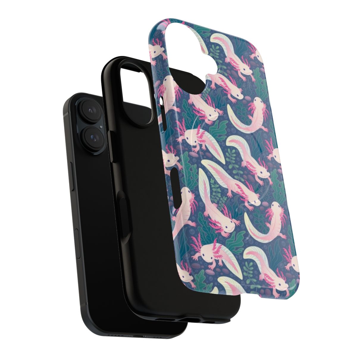 Colorful phone case featuring a detailed illustration of a leucistic axolotl, a unique amphibian pet. - Layers