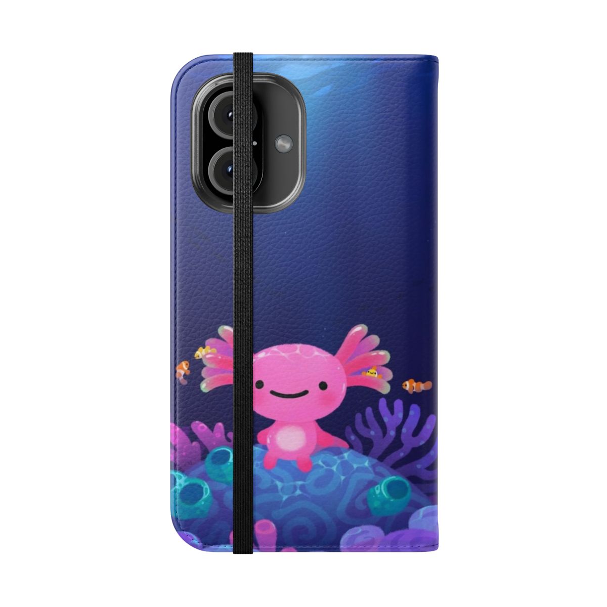 Coral axolotl themed flip cover phone case with a cute and kawaii design - Folded Front