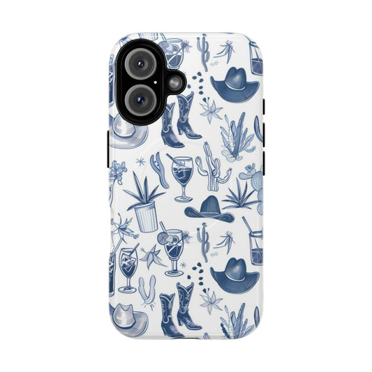 Coastal-themed blue pattern phone case with cocktail imagery