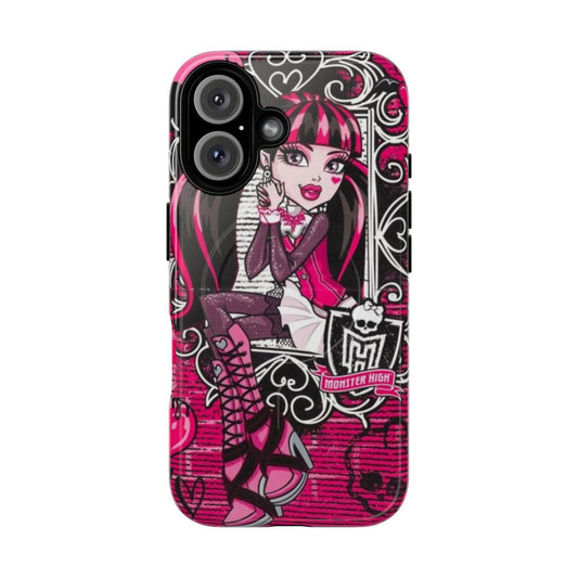 A dark, gothic-inspired phone case featuring Draculaura-style graphics and design.