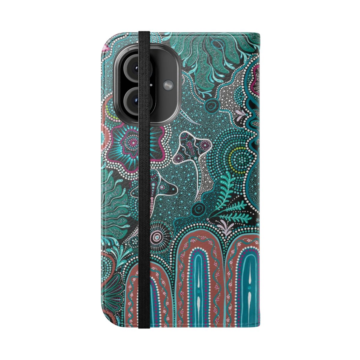 Colorful aboriginal dot art pattern on a magnetic flip phone case - Folded Front