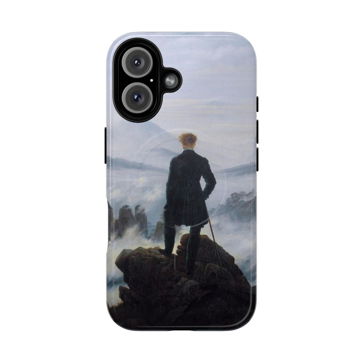 Caspar David Friedrich's famous 19th century oil painting "The Wanderer Above the Sea of Fog" featured on a high-quality phone case.