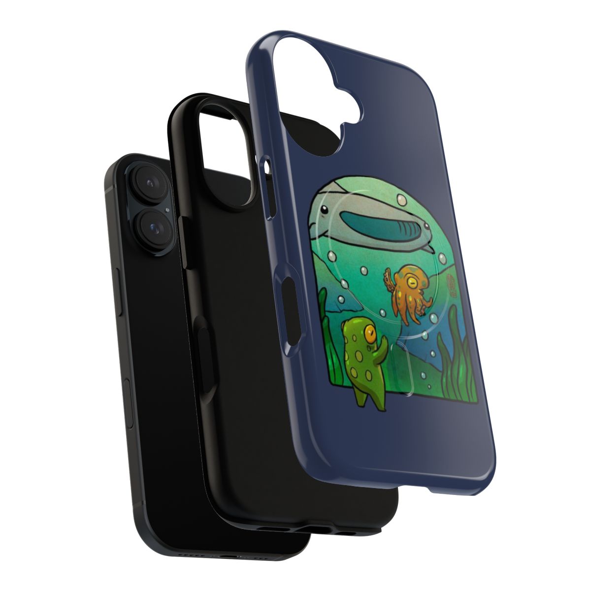 Vibrant illustration of a frog, octopus, and whale shark in an aquarium scene on a magnetic phone case. - Layers