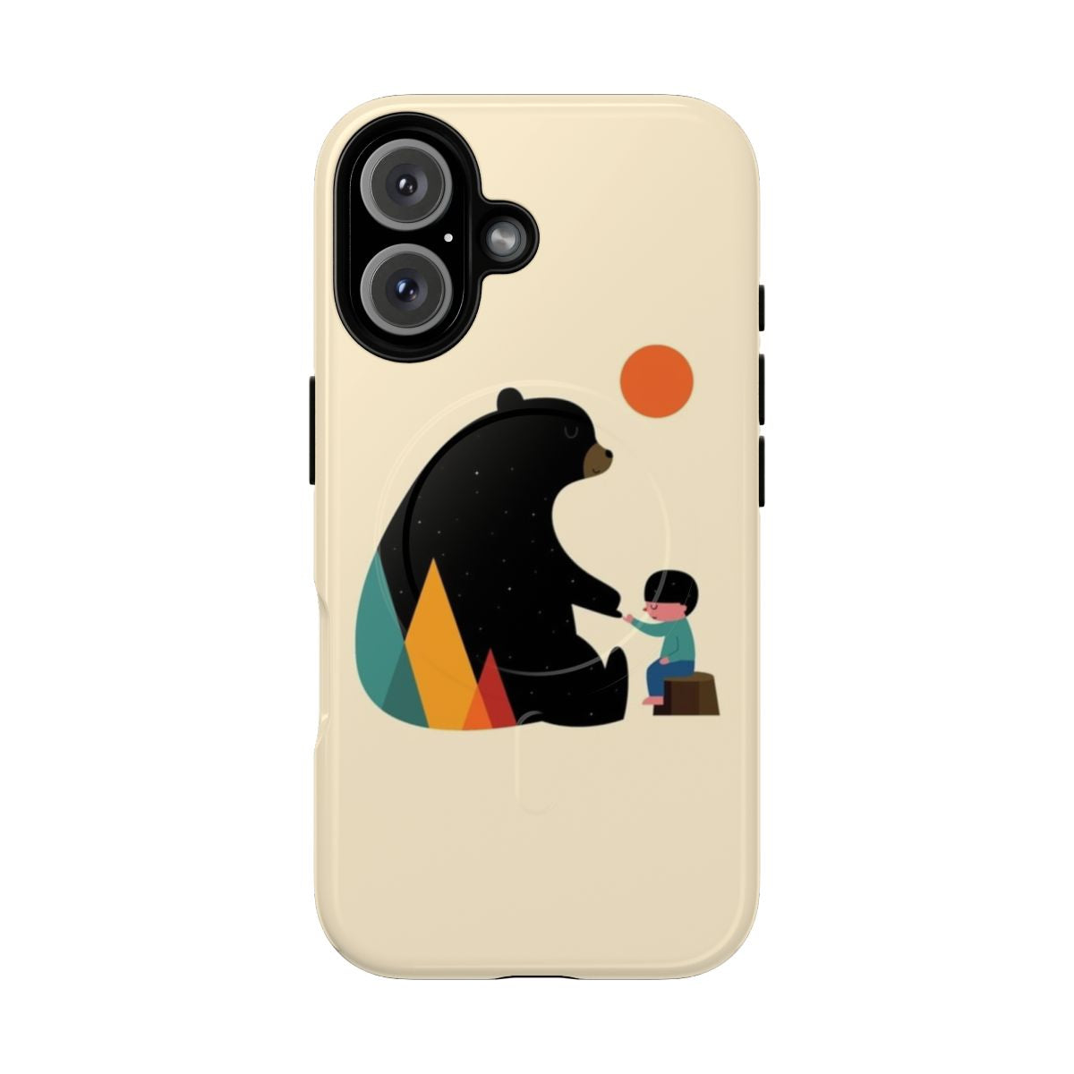 Magnetic tough phone cases featuring a nature design with a bear in a mountain landscape