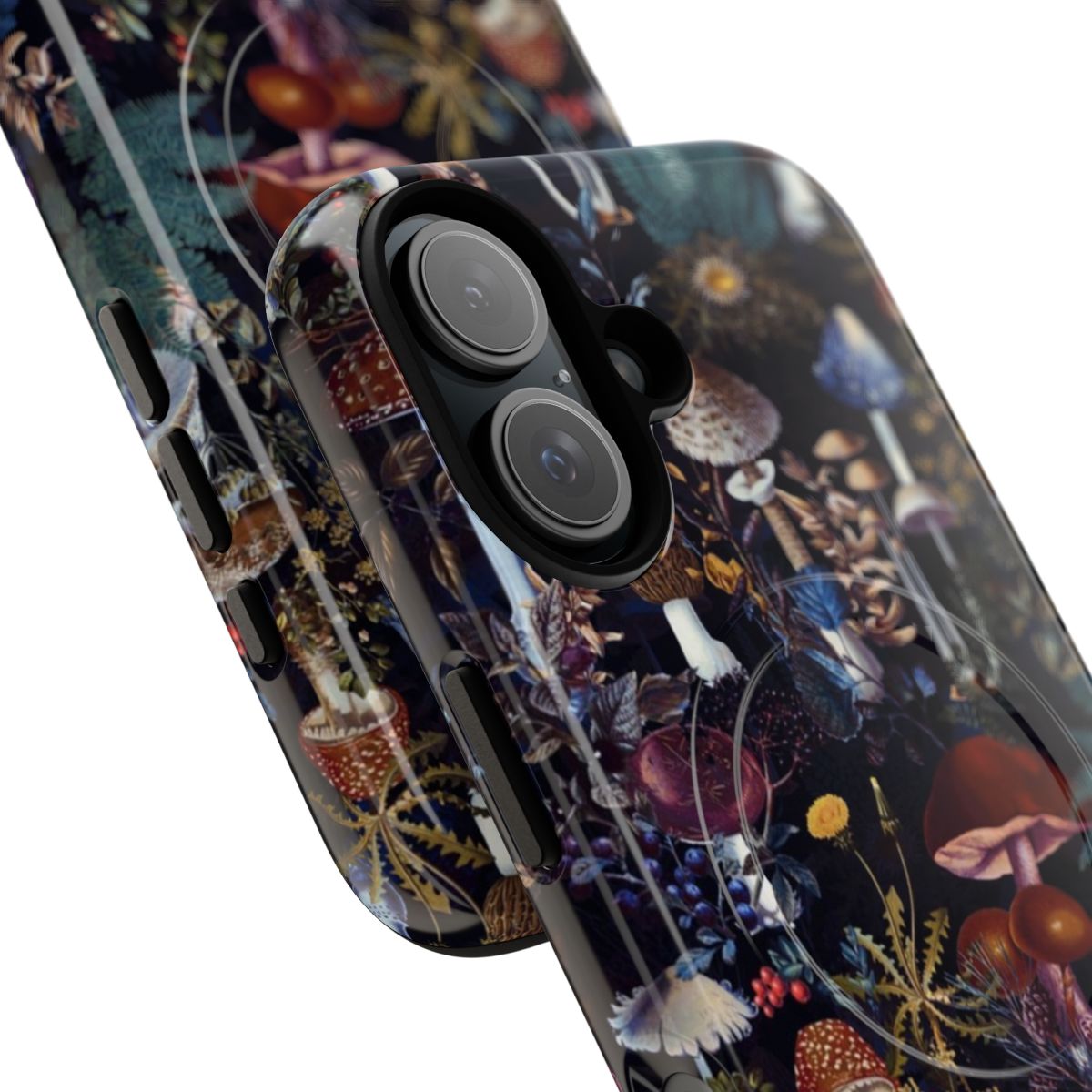 Vintage botanical pattern featuring mushrooms and flowers on a black background, with a magnetic tough case design. - Detail