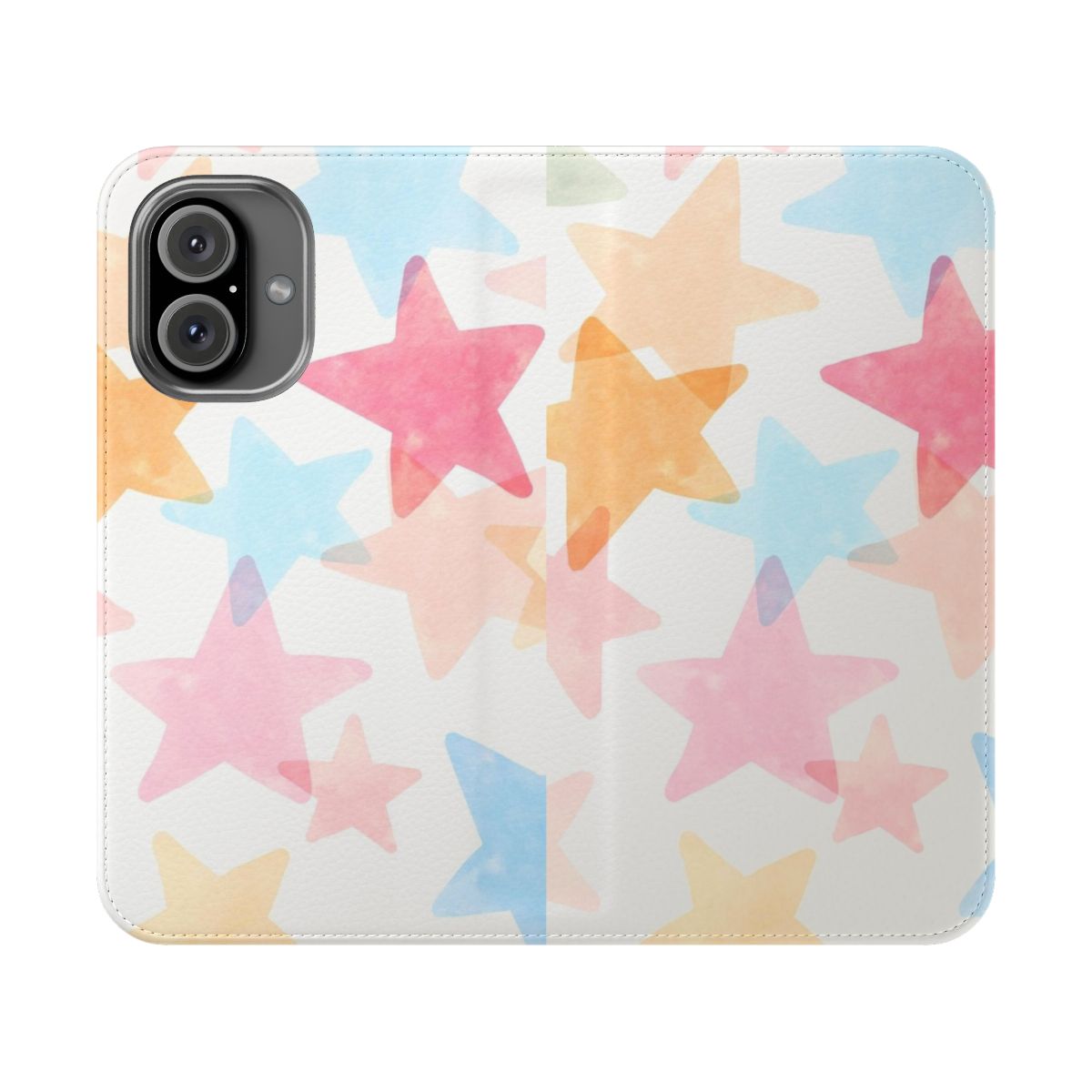 A colorful phone case featuring a star pattern design