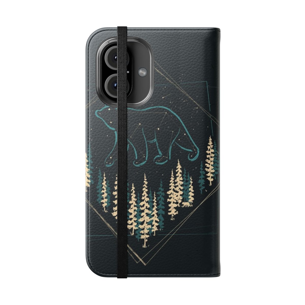 Flip cover phone case featuring a night sky with stars, moon, and a majestic bear in a wilderness setting - Folded Front