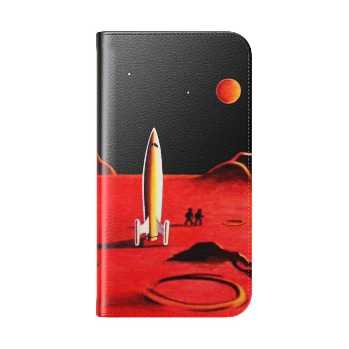 Futuristic phone case with a sci-fi design featuring a martian city, planets, and spaceships. - Folded Back