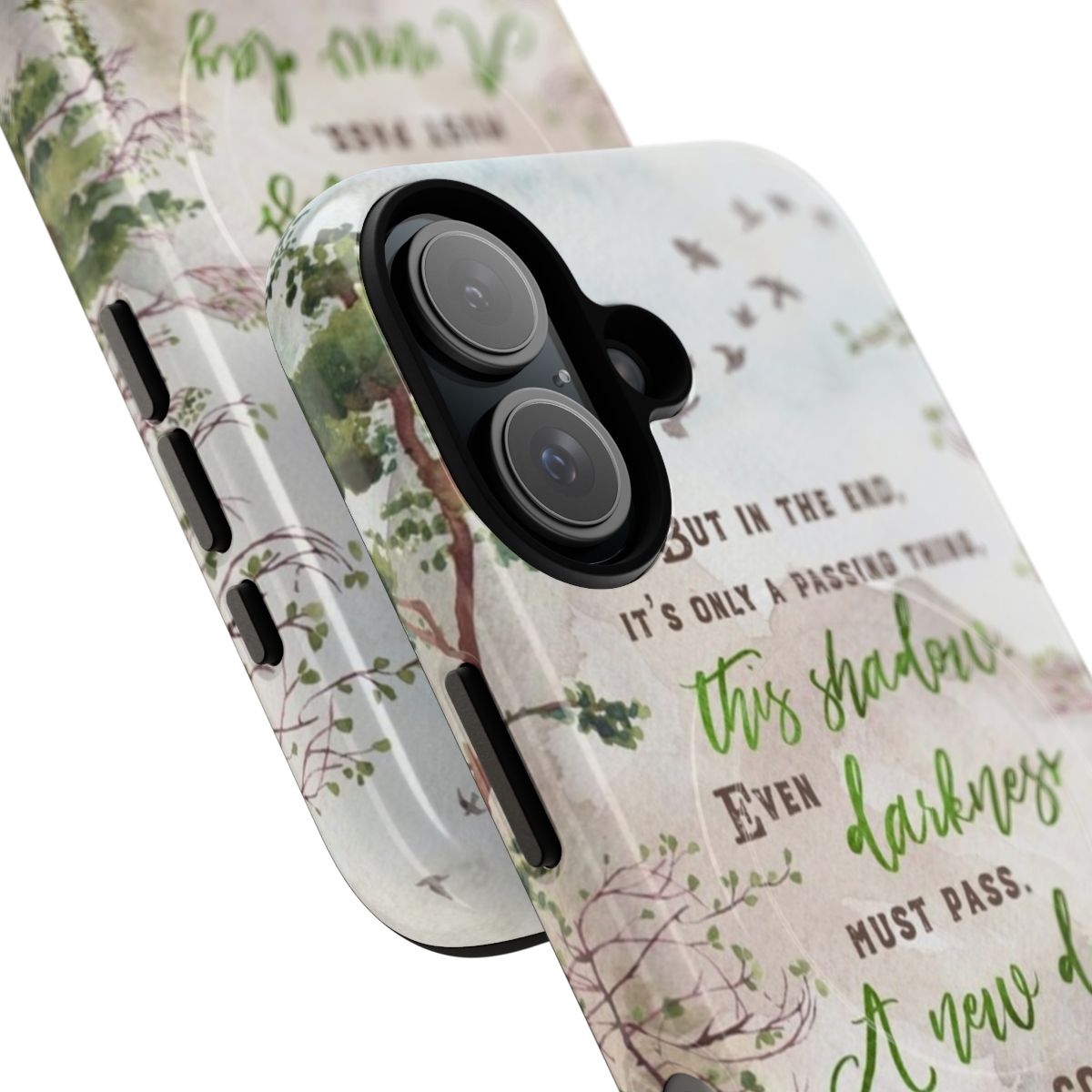 Magnetic tough phone case featuring a nature-inspired watercolor design with trees, leaves, and greenery - Detail