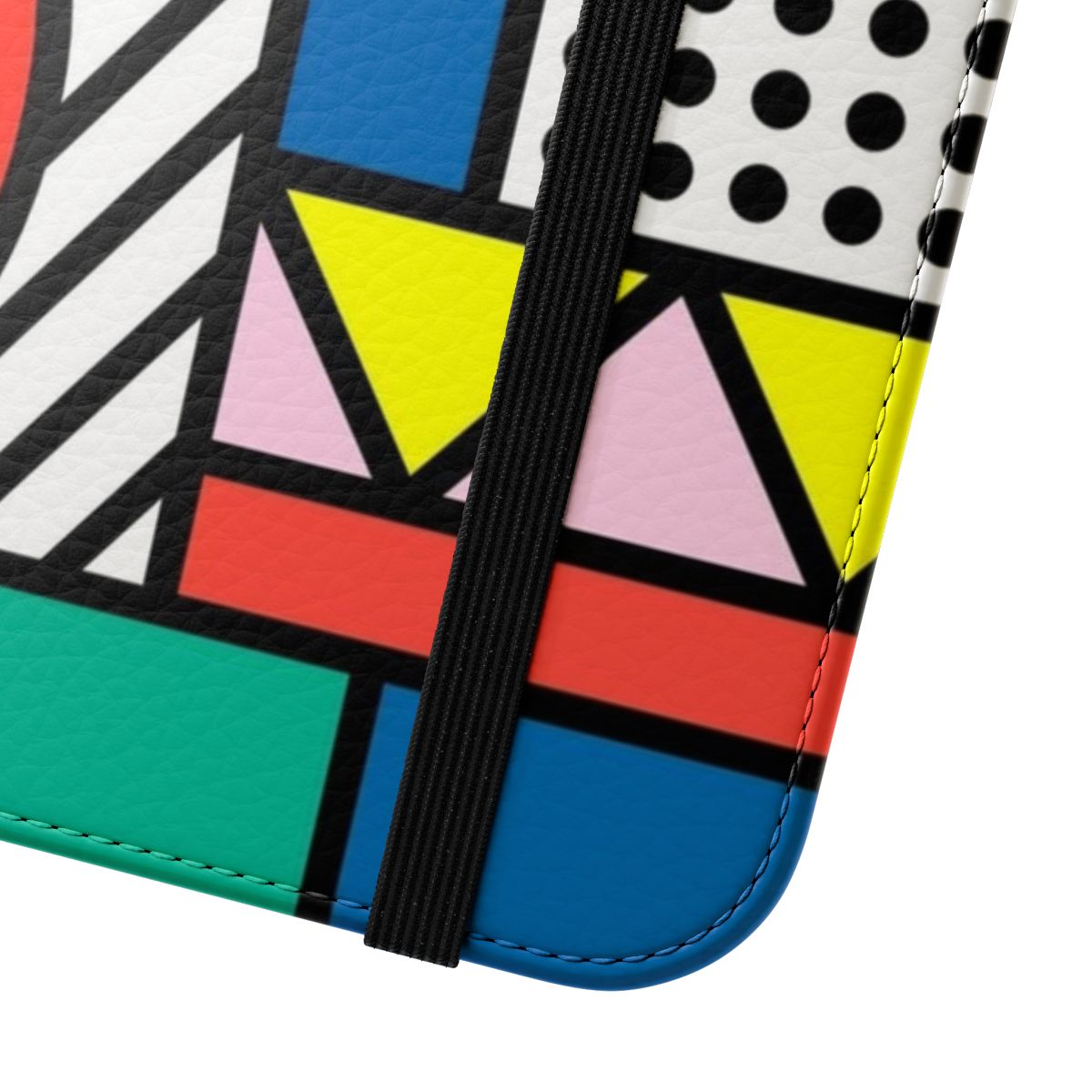 Vibrant geometric Memphis-style color block design on a flip phone case - Close Up