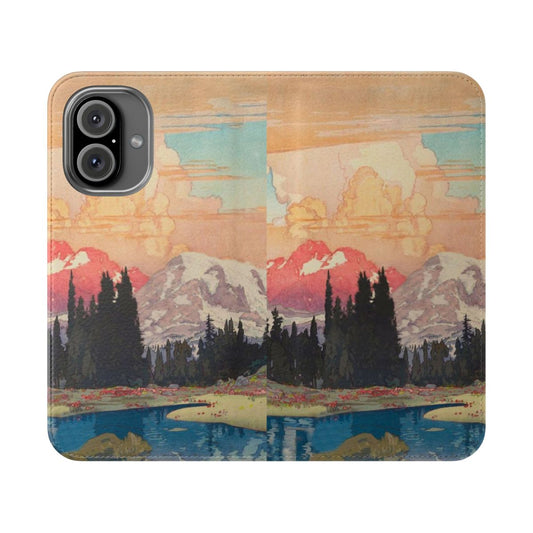 Ukiyo-e inspired nature landscape phone case with mountains, sunset, and snow-covered forest.