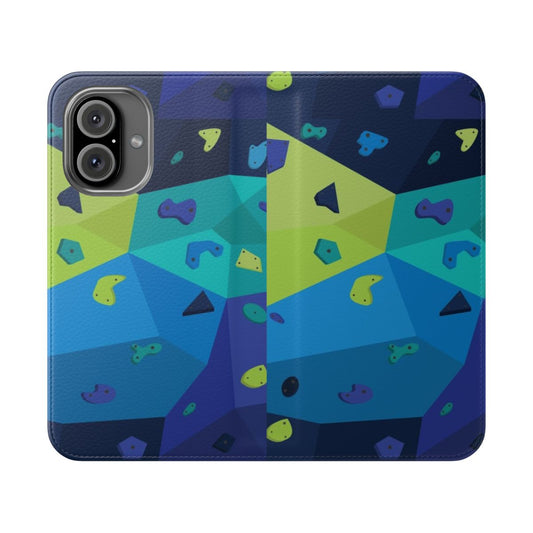 Flip cover phone case with a vibrant blue and green climbing-inspired design