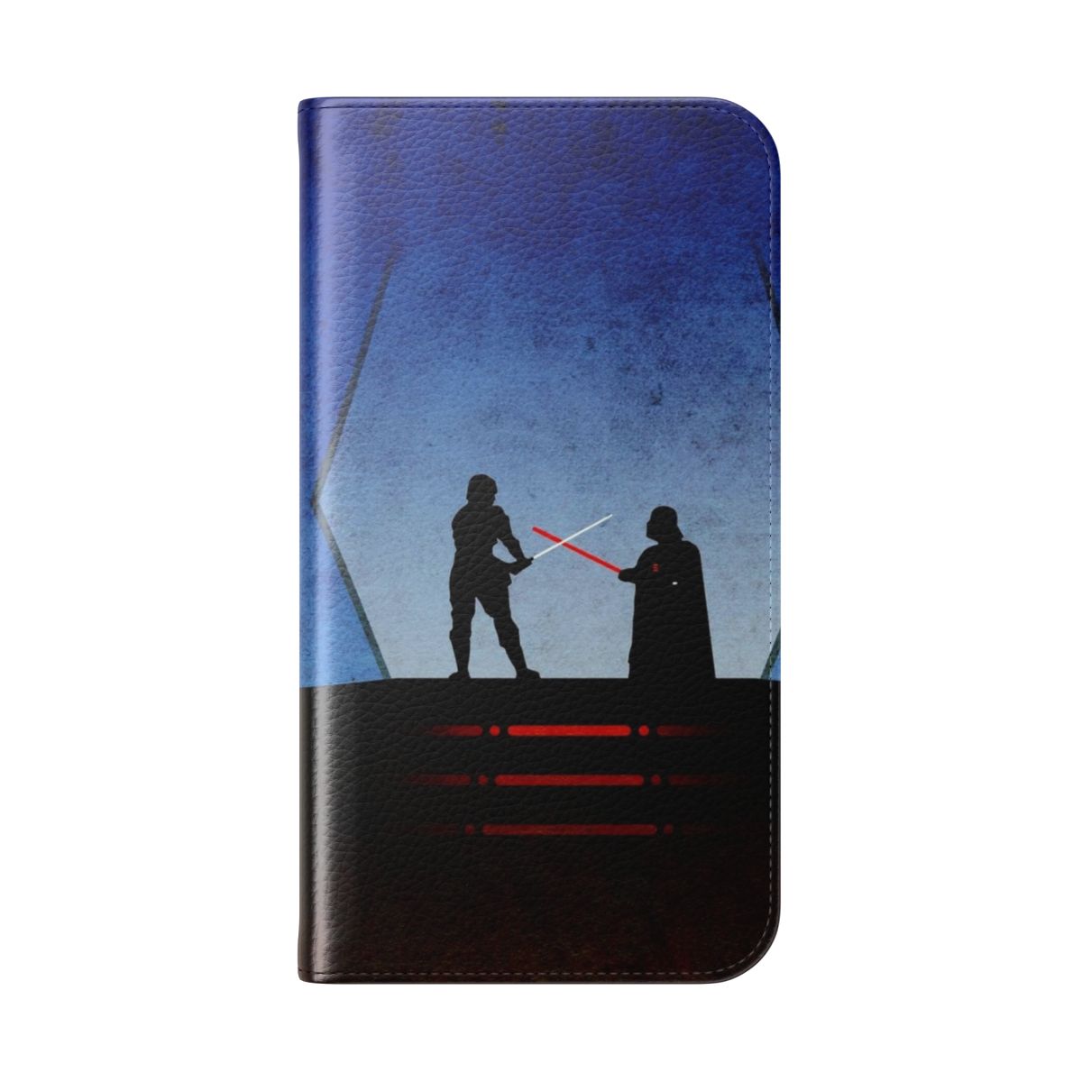 A flip cover phone case featuring a sci-fi inspired design of Darth Vader and Luke Skywalker dueling on Cloud City. - Folded Back