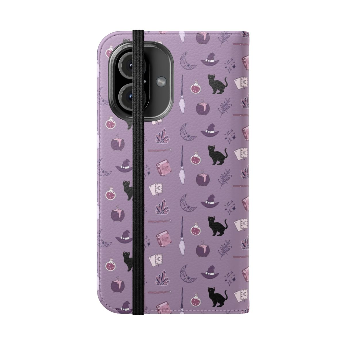 A sleek and stylish purple phone case with a witch and black cat design, perfect for Halloween and witchy aesthetics. - Folded Front