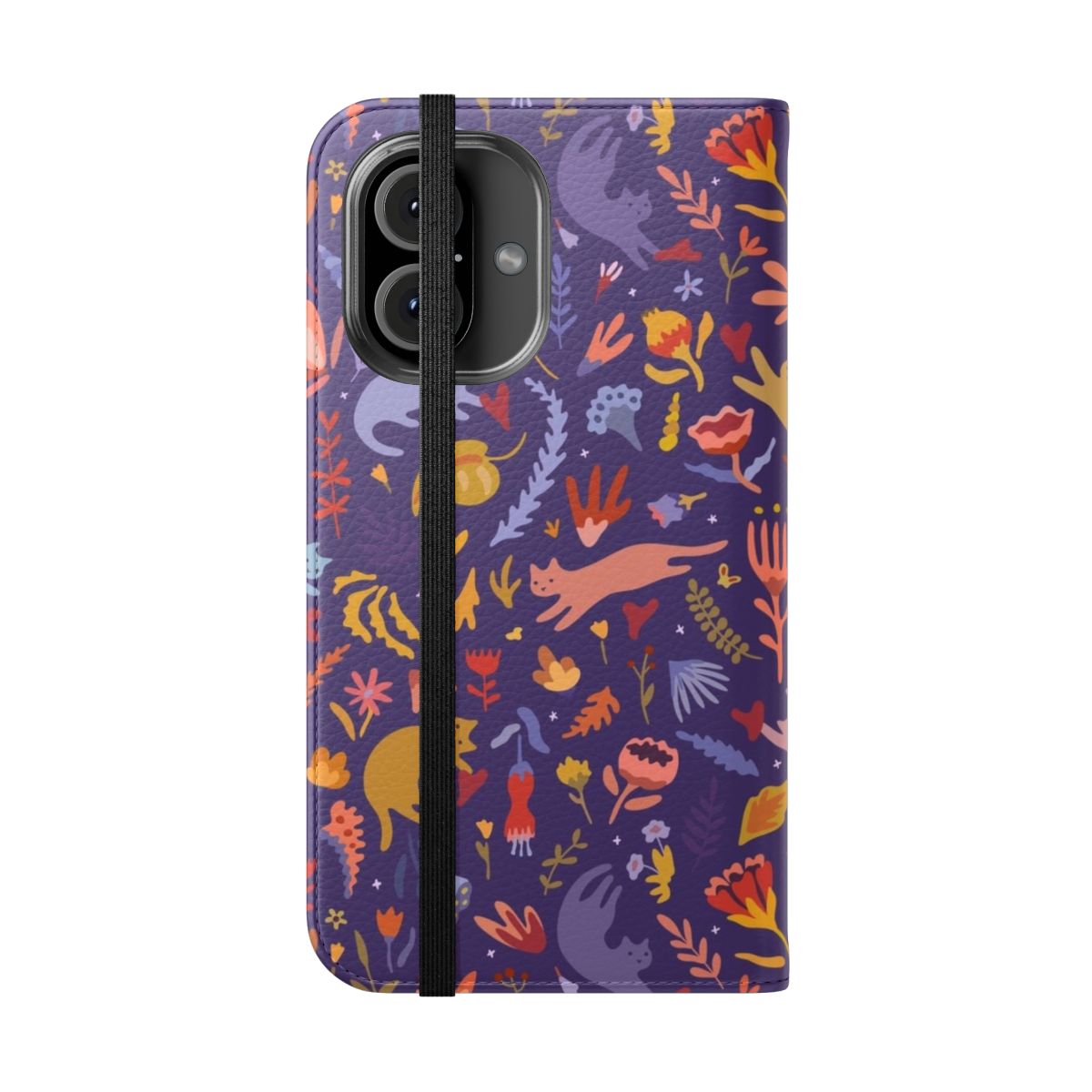 Vibrant flip cover phone case featuring a cartoon cat in a whimsical, floral magic garden landscape. - Folded Front