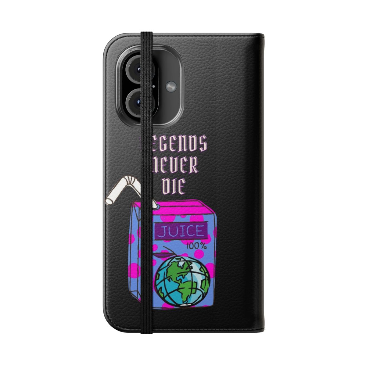 Flip phone case featuring a hip hop inspired design with a legend graphic and drinking straw - Folded Front