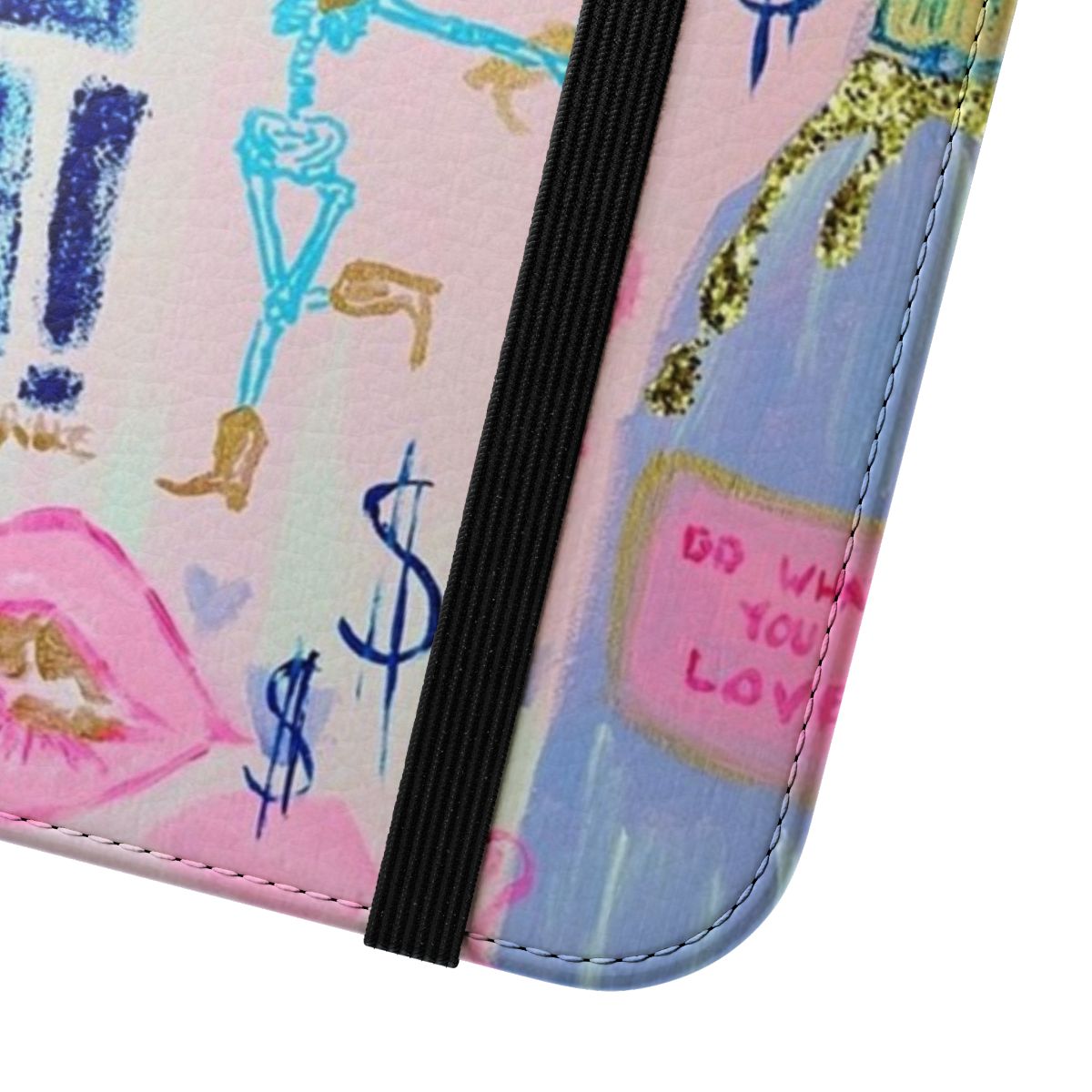 Stylish preppy phone case cover with pink, blue, and gold details - Close Up