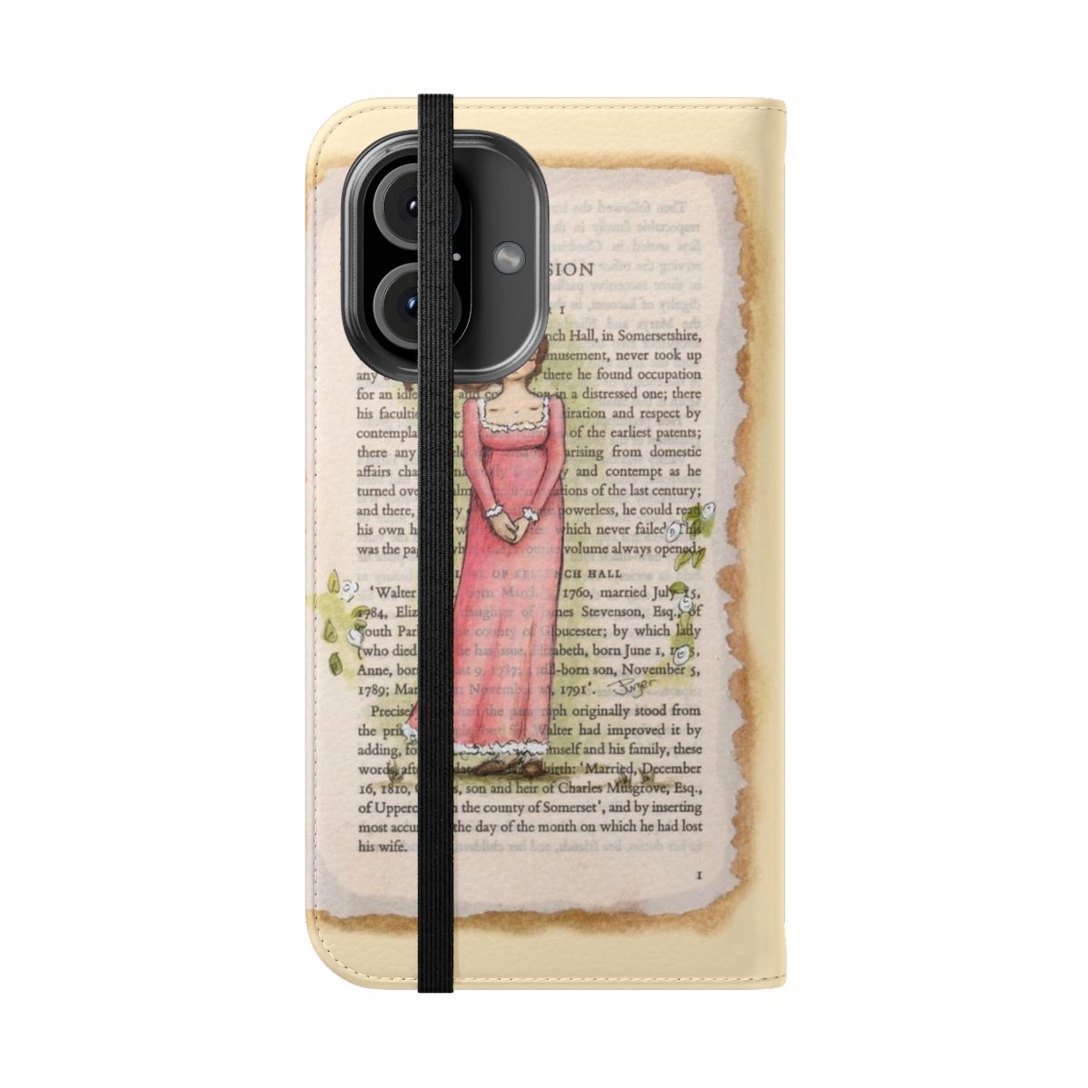 Stylish flip cover phone case featuring artwork inspired by Jane Austen's novel Persuasion and the character Anne Elliot. - Folded Front