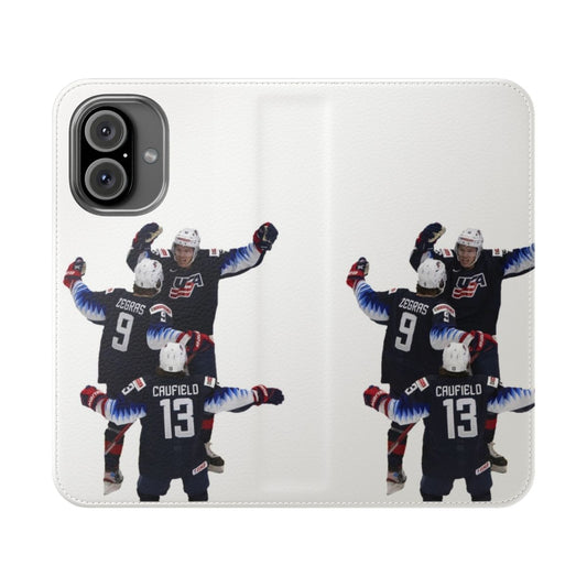 A custom phone case featuring the design of hockey player Trevor Zegras.