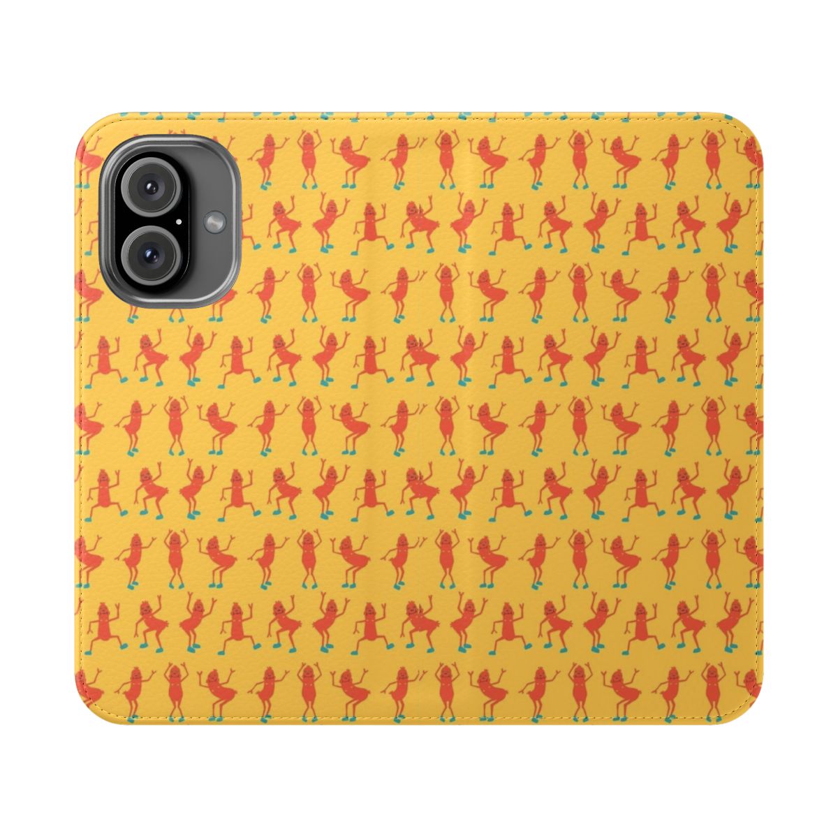 Vibrant illustration of a dancing sausage on a mobile phone cover