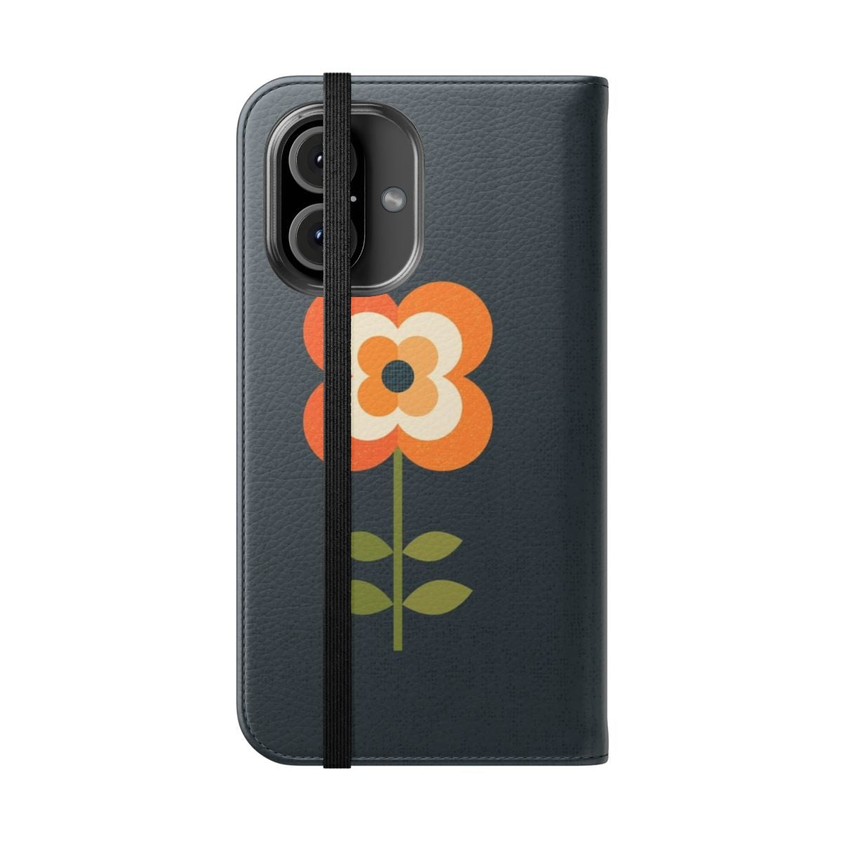 Vintage-inspired orange and charcoal floral pattern phone case - Folded Front