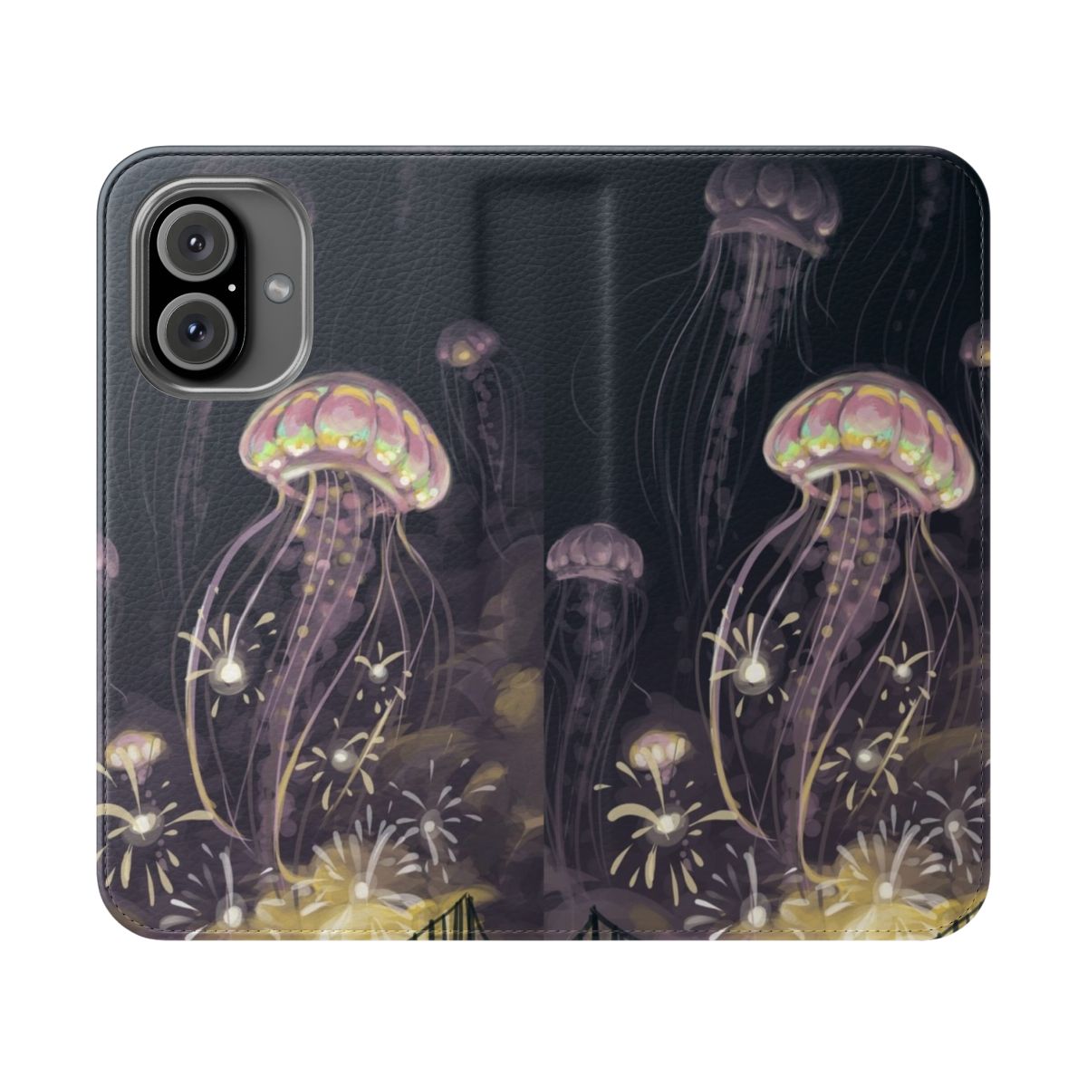 Artistic phone case with a beautiful nature and scenery design featuring a jellyfish, night sky, fireworks, and bridge.